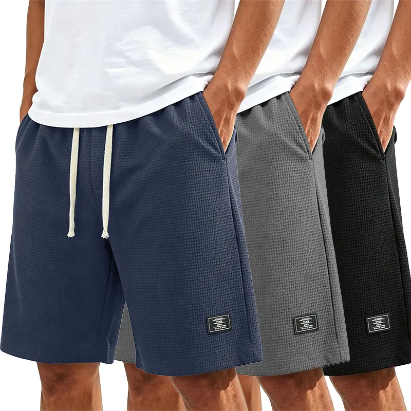 1/3 Pack Men's Waffle Knit Casual Shorts, Loose Drawstring Elastic Waist Knee Length Sweat Shorts, Classic Small Label Streetwear Summer Workout Walking Shorts