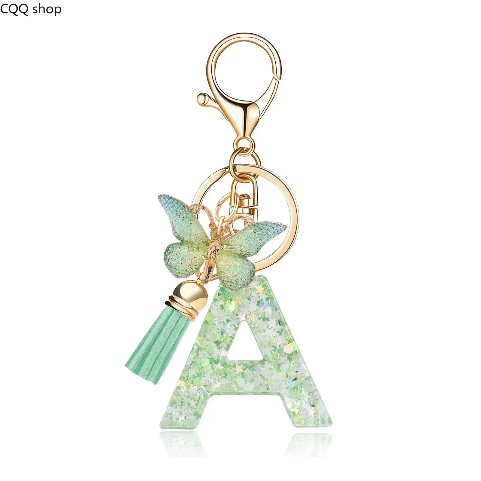 Women's Cute Mint Green Initial Resin Keychain - Personalized Glitter Letter Keyring with Butterfly Charm, Tassel, Pastel Monogram, Ideal Car/School Backpack Purse Charm for Friends' Birthday Casual Camping & Hiking Hammock Accessory, Graduation