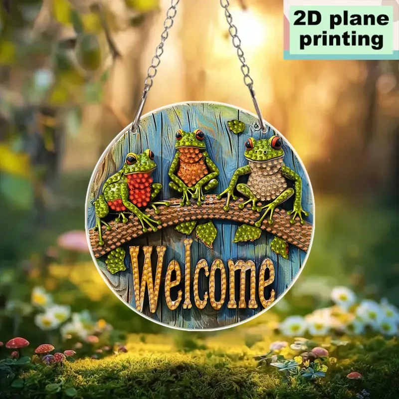 2D Acrylic DIY Diamond Painting Kit, Branch Frog Welcome Sign, Irregular Shape Sun Catcher, Home & Outdoor Decor, Perfect Gift
