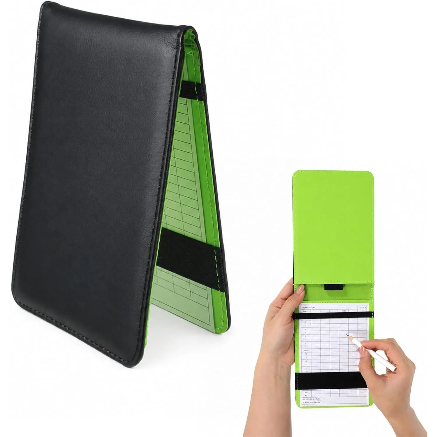 Unisex Slim Fit Compact PU Leather Golf Scorecard Holder with Elastic Strap - Includes 1 Pencil & Scorecard, Secure Yardage Book Cover for Golfers (Black)