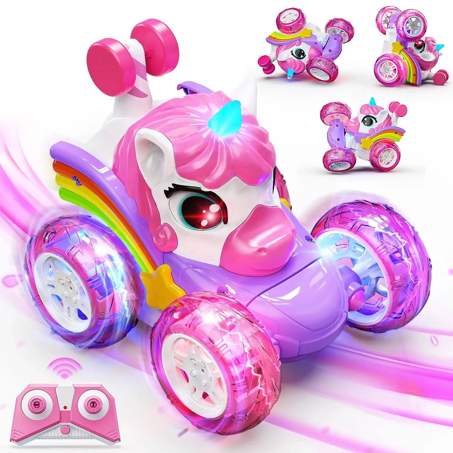 Unicorn Remote Control Car with LED Lights, 360° Stunt Action Toy for Indoor & Outdoor Fun, Perfect Gift for Girls Age 3 and Up, Christmas gift, RC Stunt Cars, Remote Controlled Vehicle, Kid Car