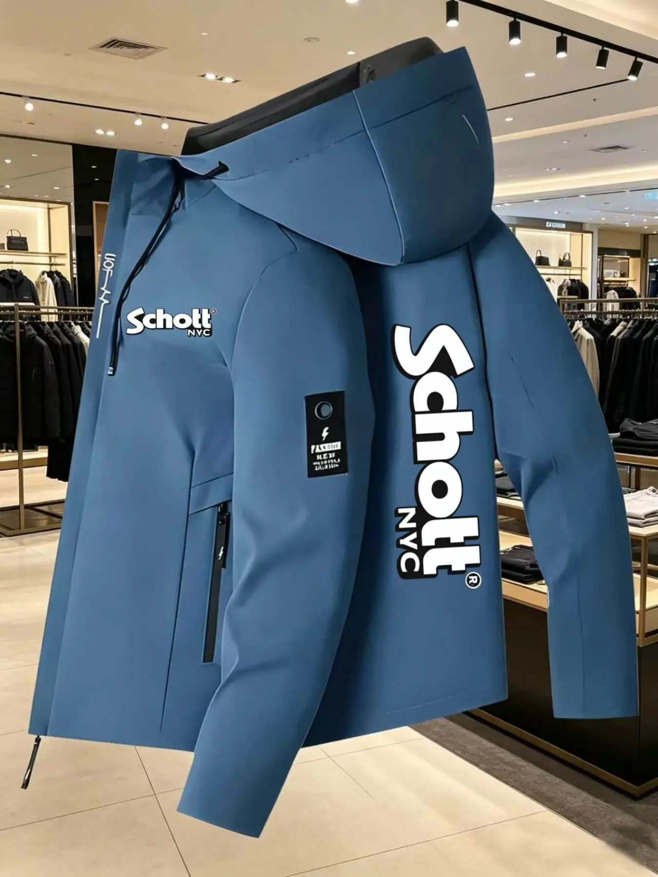 Men's Fashion Schott Lightweight Outdoor Jacket, Casual Long Sleeve, Hooded Print Design, Zip Pockets, Spring & Fall Outerwear