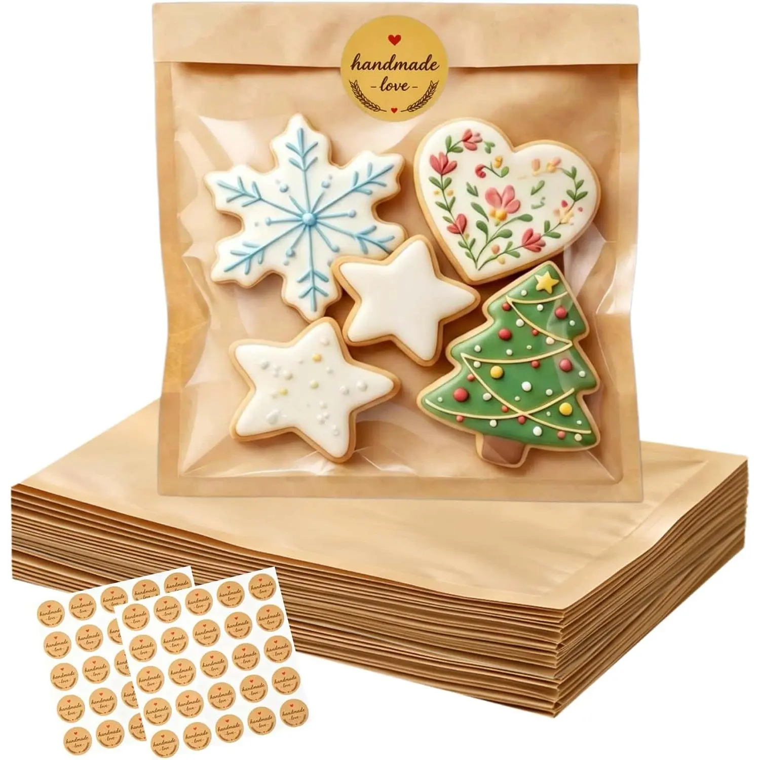 50 count 5.7x6.5"  Resistant Cookie Packaging Bags with Seal | Heat Sealable Bakery Bags for Bread, Sandwich, Brownie, Donut with Window & Stickers