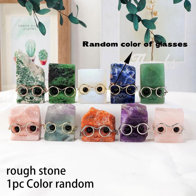 Random Color Natural Crystal Gemstone Pet Figurines with Glasses, 1/3/5 Counts DIY Handmade Crystal Carving Fengshui Sculptures, Pet Memorial Ornaments, Home Garden Decor Natural Crystal Set