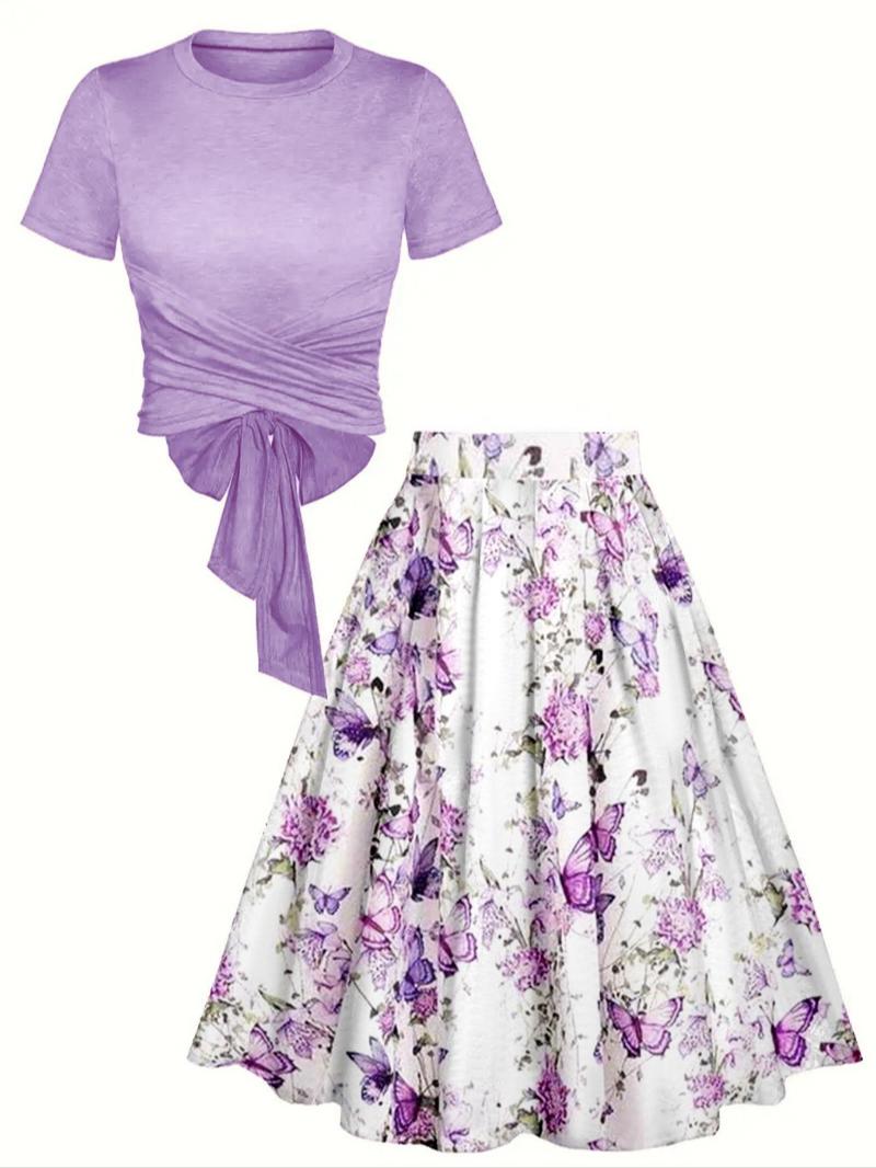 Women's Plain Top & Floral Print High Waist Skirt Two-piece Set, Casual Fashion Cozy Top & Skirt for Daily Outdoor Wear, Ladies Outfits for Summer