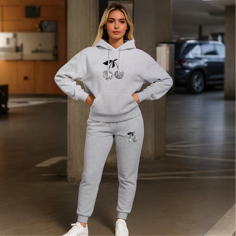 Women's Cherry Hoodie And Drawstring Track Pants Set, Casual Sportswear, Long-Sleeved Hooded Jacket And Pants, Suitable For Autumn And Winter, Everyday Wear, Indoor And Outdoor Sportswear, Sportswear Set, Casual Sportswear.