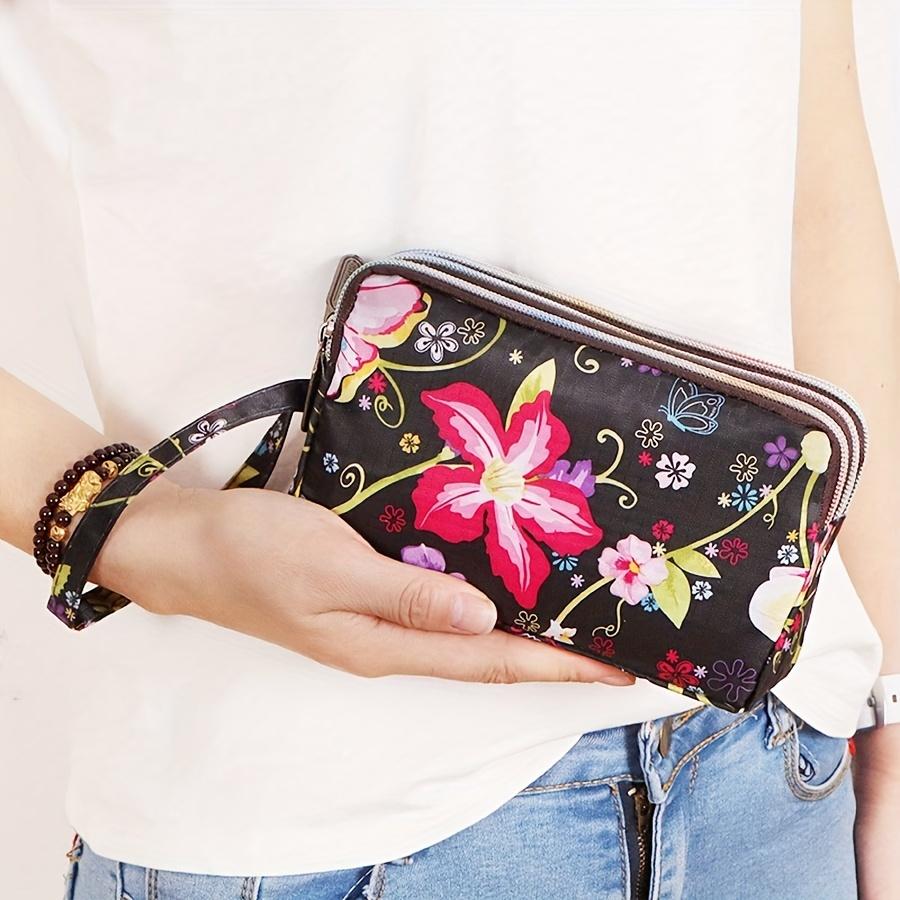 Women's Long 3-Layer Cell Phone Wallet Clutch Bag with Random Print Fabric Coin Purse Ladies' Small Handbag