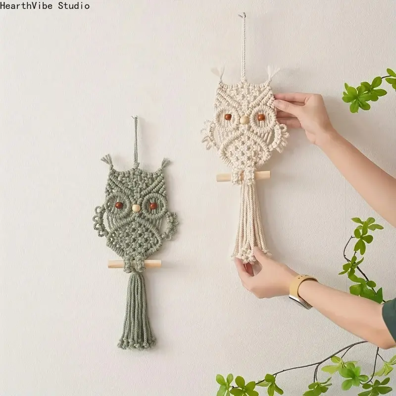 Bohemian Macrame Owl Wall Hanging with Tassels - Handmade Whimsical Home Decor, Artistic Ornaments for Room Decorations, Wall Decoration, Handwoven Art, Funky, Animals, Peppy, Glamorous, Pvc, Owl Motif