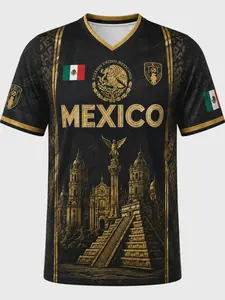 2026 Mexican Soccer Jersey for Men Women, Gold Aztec Eagle Chichén Itzá Pyramid V-Neck Football Shirt, Casual Fitted Long Top
