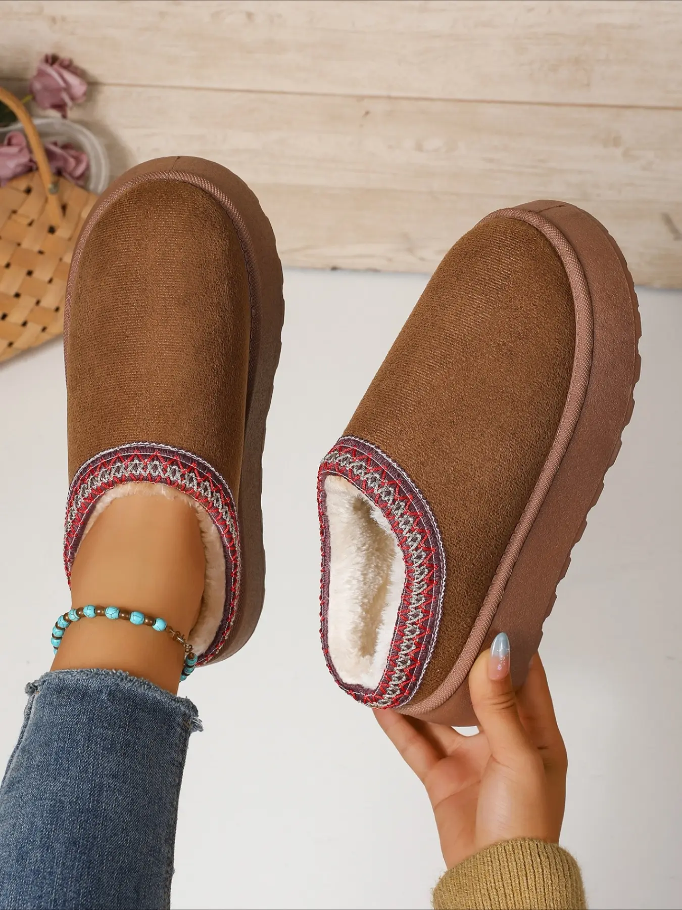 Mule slippers with ethnic embroidery trim thick platform plush lined slip-on warm winter women shoes available in three colors