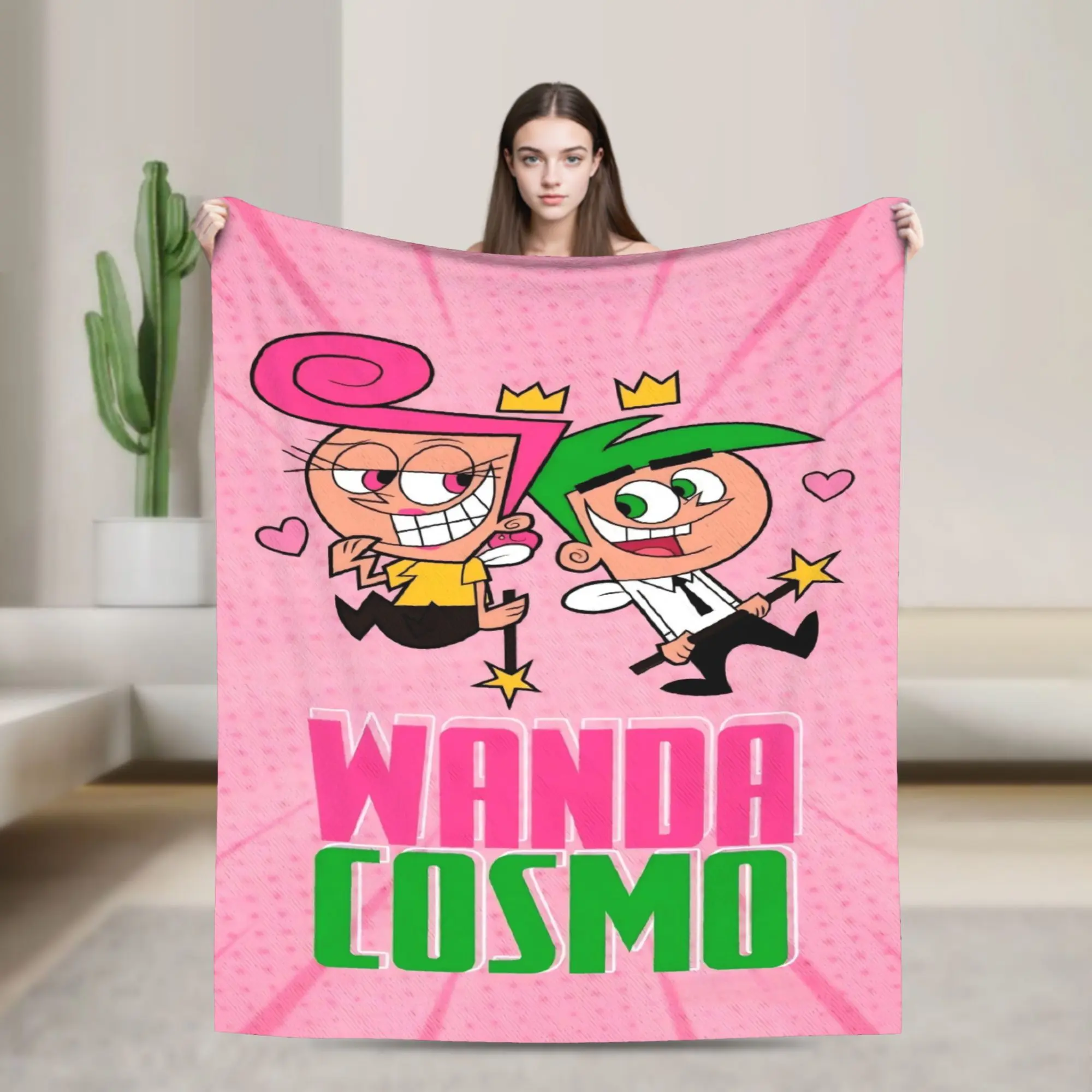 The Fairly OddParents Cosmo and Wanda Cartoon Print Flannel Throw Blanket, Classic Nickelodeon 90s 1-Piece Wrinkle-Free Warm Bedding, Multi-Size Gift for 90s Cartoon Fans of All Ages