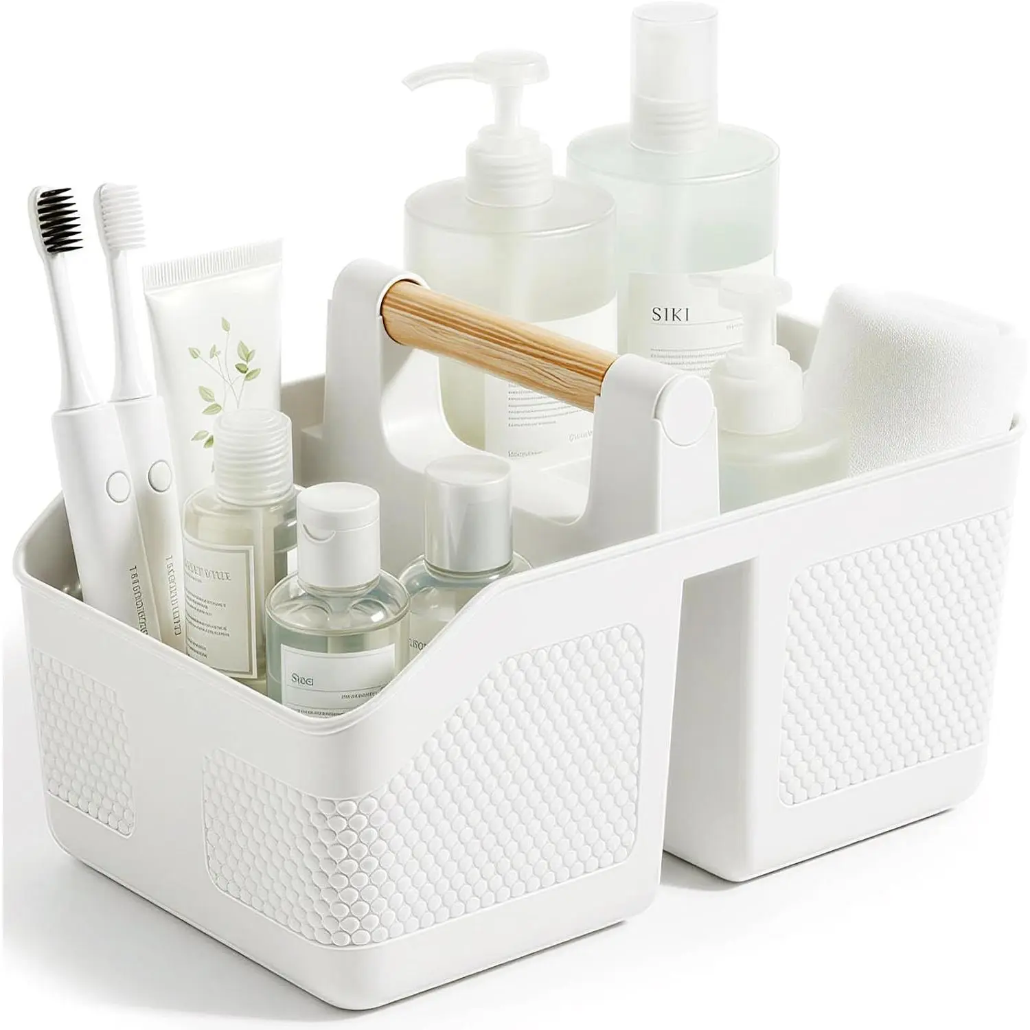 Plastic Shower Caddy Portable Shower Basket with Bamboo Handle, White |   Cleaning Caddy Organizer Storage Tote for Bathroom, College Dorm Essentials, Bath Toy Storage