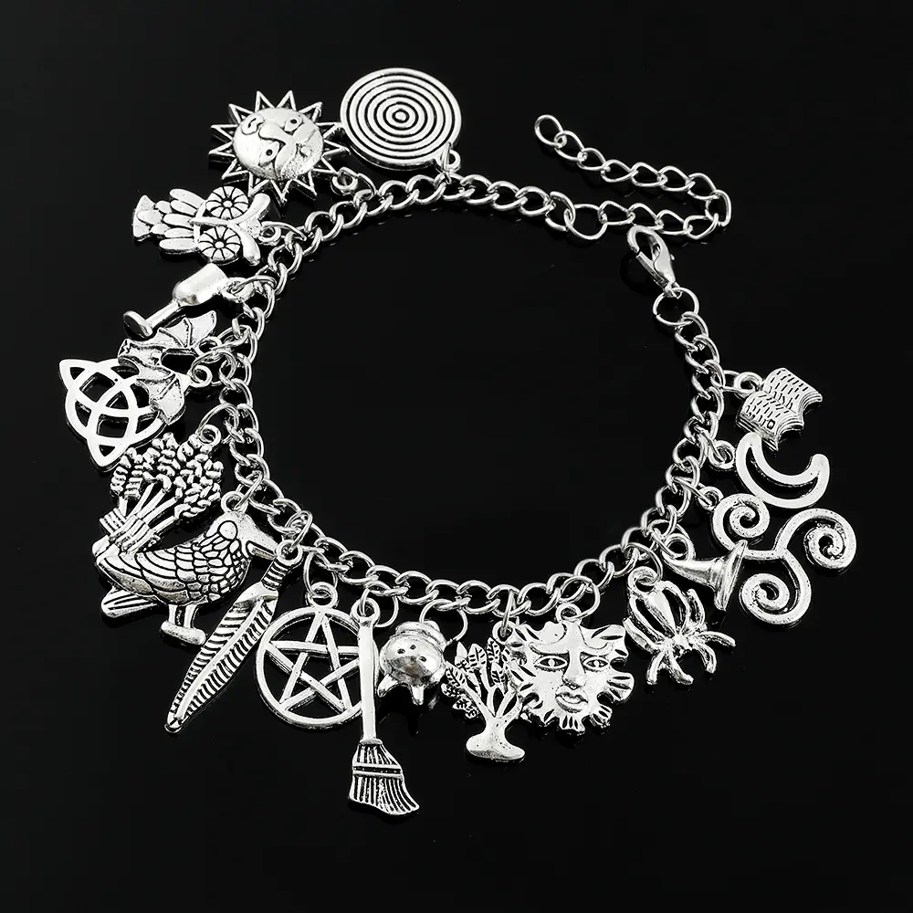 Vintage Witchy Charm Bracelet - Silver-Tone Pagan-Inspired Jewelry with Moon, Sun, Tree of Life, Owl, Pentagram Charms - Celestial Gothic Boho Gift (Celestial Theme, Dark Romance Vintage, Moon and Sun Symbol, Mystery Bracelets & Bangles)