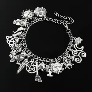 Vintage Witchy Charm Bracelet - Silver-Tone Pagan-Inspired Jewelry with Moon, Sun, Tree of Life, Owl, Pentagram Charms - Celestial Gothic Boho Gift (Celestial Theme, Dark Romance Vintage, Moon and Sun Symbol, Mystery Bracelets & Bangles)