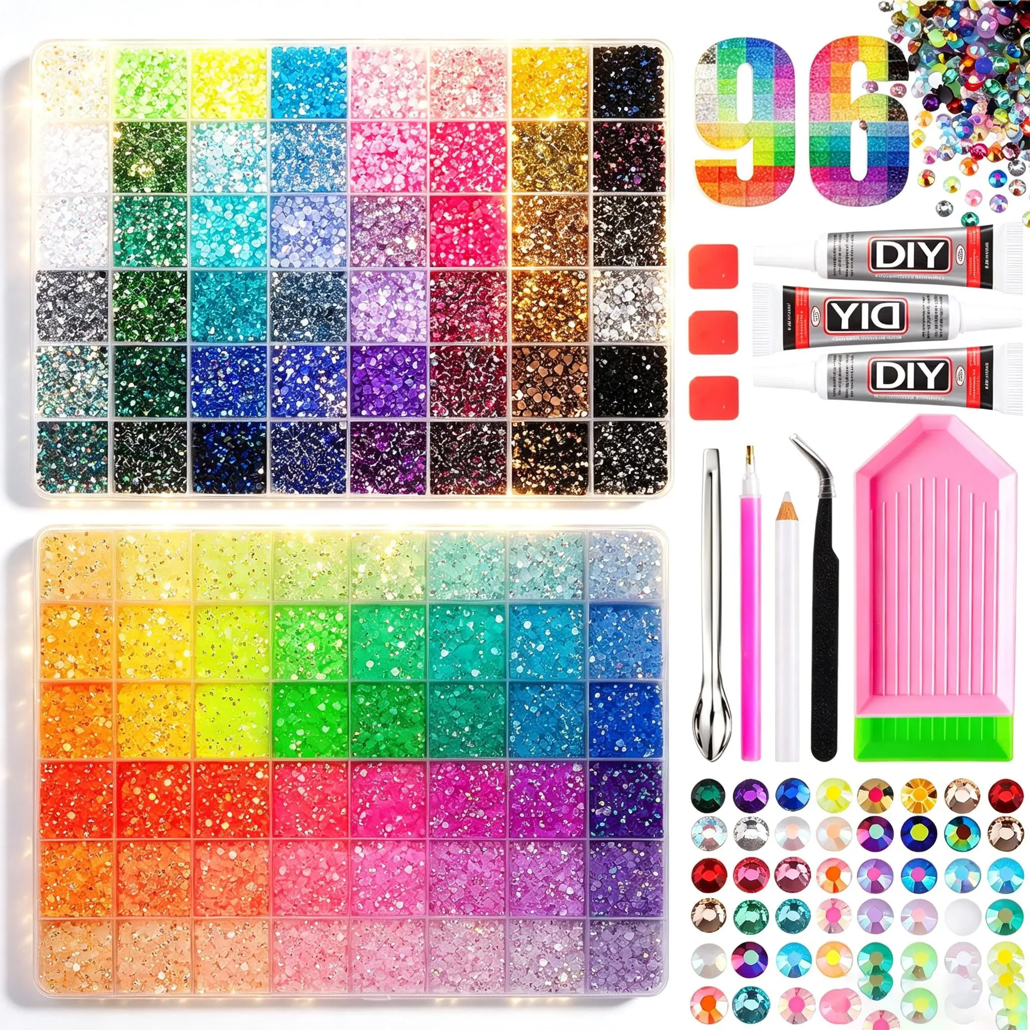 Bedazzling Kit 96 Color Large Capacity Sparkly Flat Back Rhinestones DIY Kit, Complete Tools, Covers Daily, Halloween, Christmas Themes, Creative Crafting。Halloween Christmas Birthday Gifts for Women 。Nail Art Inspiration nail charms。sale deals for you