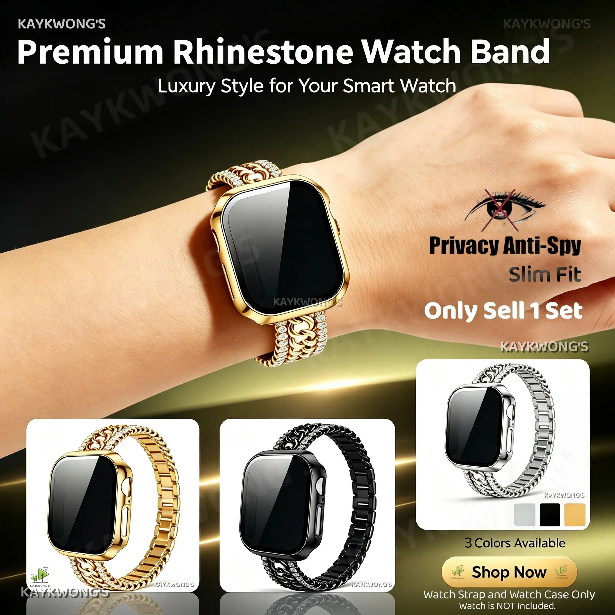 KAYKWONG'S Rhinestone Slim Women Bracelet Metal Strap + Privacy Protective Case, Compatible with Iwatch Series 12-1 /Ultra4/Ultra3/Ultra2/Ultra, Elegant Ladies Bracelet, 40mm-49mm，Easy to Install and Adjust, Perfect Daily & Party Accessory