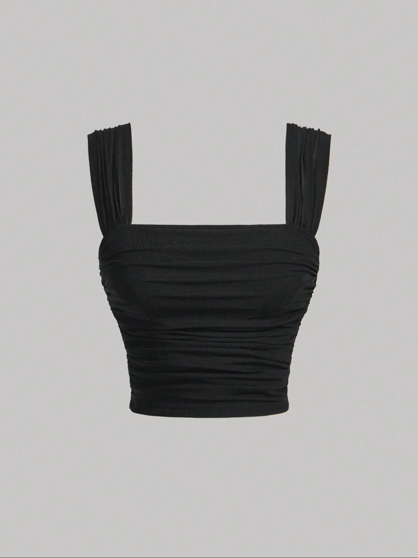 Women's Plain / Floral Print Ruched Tulle Tank Top, Elegant Sleeveless Top for Summer, Ladies Clothes for Daily Wear, Cropped Cami Top