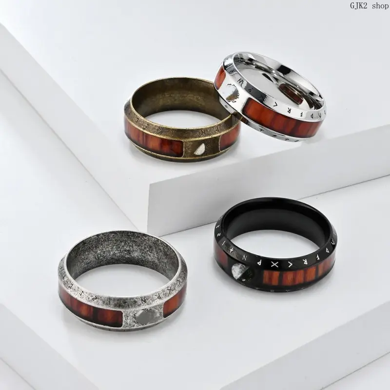 Vintage Viking Rune Wood Inlay Ring, Stainless Steel Nordic Retro Band Ring For Men Fashion Jewelry