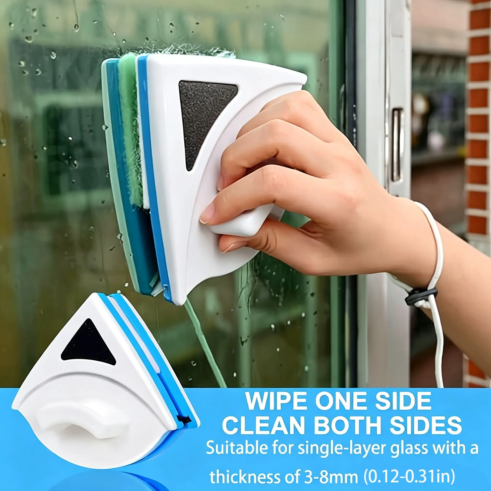 Double-Sided Magnetic Window Squeegee Cleaner - Portable, Free & Scratch-Free Glass Cleaning Tool with Loop Handle, Compatible with 3-8mm Single-Layer Glass (0.12-0.31in) - Ideal for Home, Shower Doors & Mirrors - Durable Plastic Design