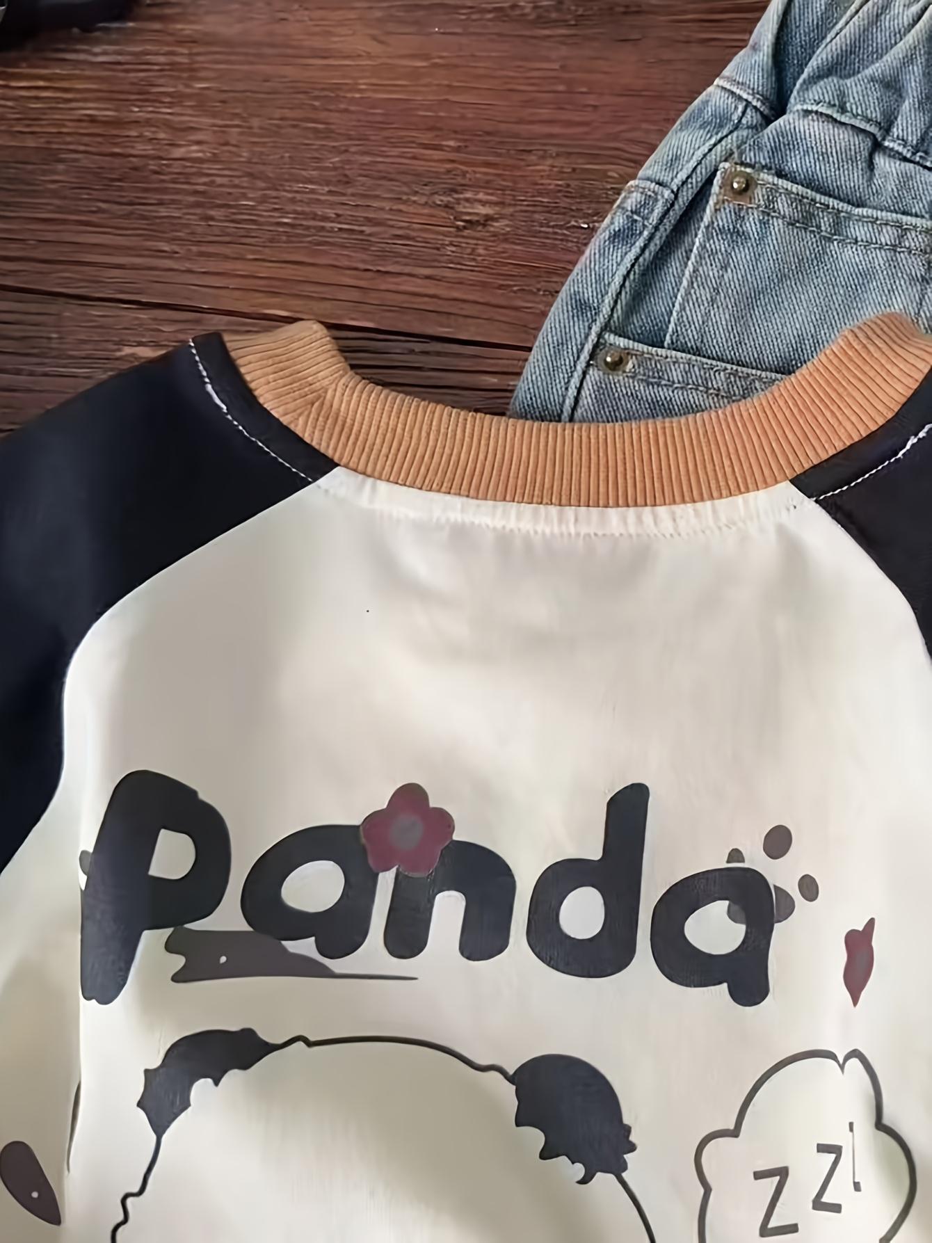 New1pc & Korean-Style Cute Panda Print T-Shirt with Raglan Sleeves - Korean Fashion Color-Block Round Neck Loose Fit Top, Panda & Korean Lettering Design (No Letters on ' Version), Spring/Fall Outfits, Casual