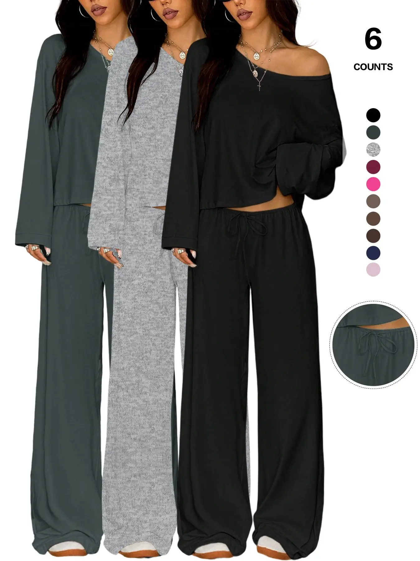 Two-Piece Set with Long-Sleeved Off-The-Shoulder Top and Adjustable Drawstring Wide-Leg Trousers, Soft Drapey Fabric, Multiple Colors, Casual Loungewear
