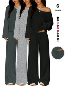 Two-Piece Set with Long-Sleeved Off-The-Shoulder Top and Drawstring Wide-Leg Trousers, Soft Drapey Fabric, Multiple Colors, Casual Loungewear