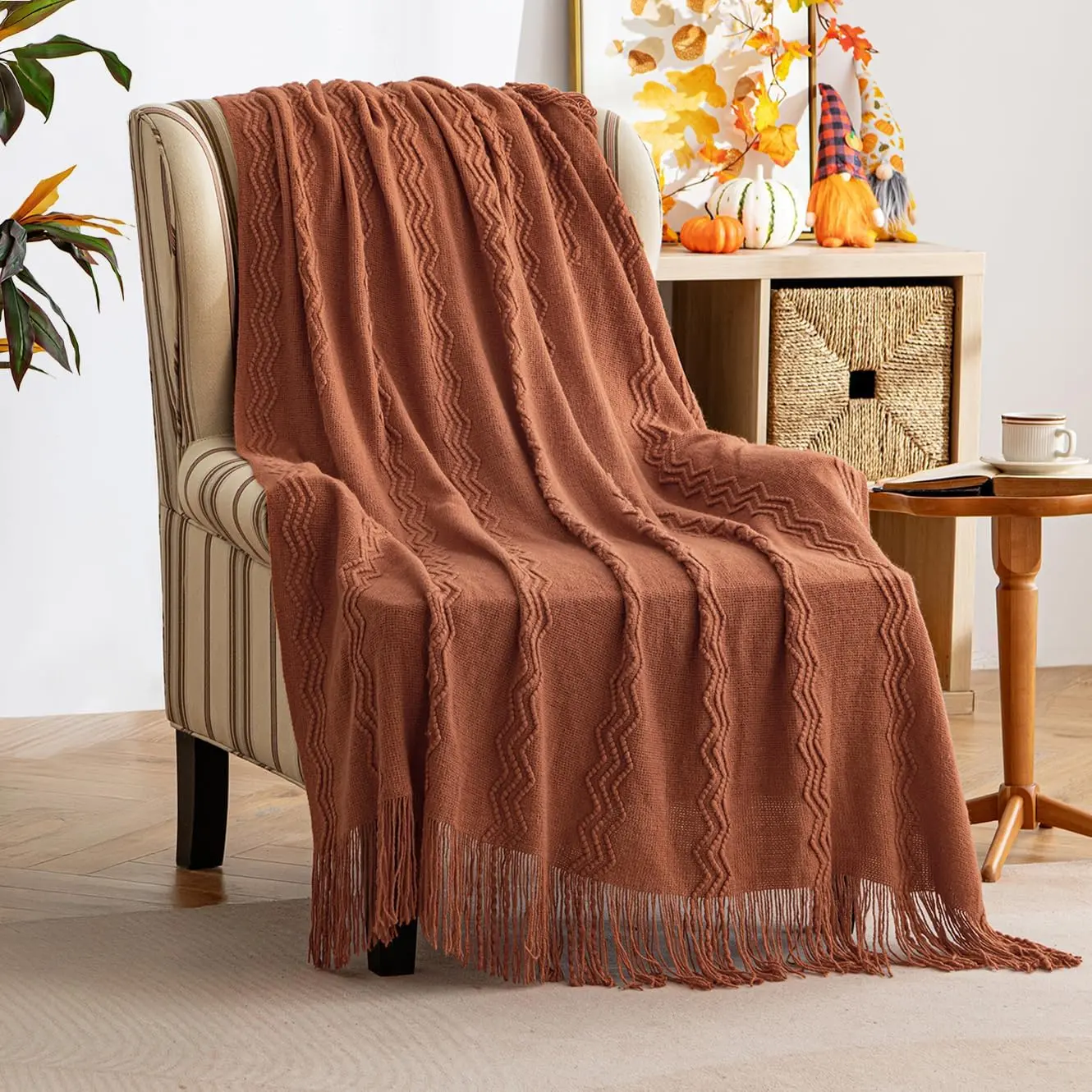 Fall Knitted Boho Throw Blanket for Couch 50"x60" Orange | Textured Knit Terracotta Rust Blanket with Tassels, Cozy Woven  Blanket for Sofa Bed Chair, Wave   Decor