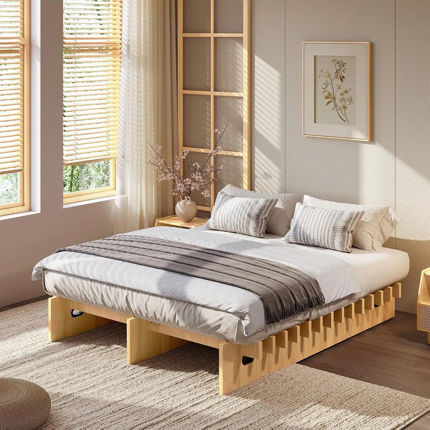 Wood Platform Bed Frame - Easy Assembly in Minutes - Low Profile Platform Bed Frame Without Headboard, Noise-Free, Mortise and Tenon Structure