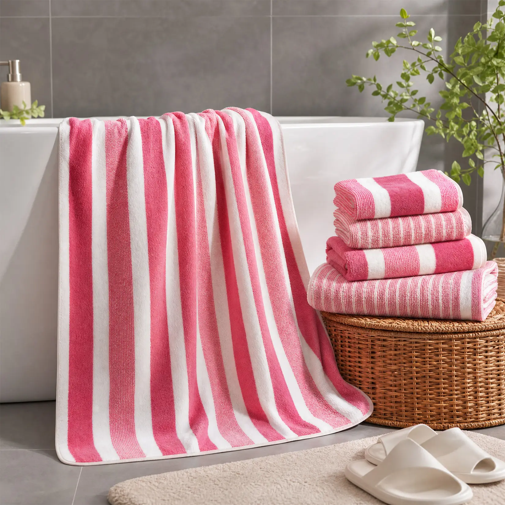 8 Pcs Polyester Brown Cabana Stripe Large Bath Towel Set-2 Bathroom Towels,2 Hand Towels,4 Washcloths Lightweight 600GMS Bath Sheet Absorbent Shower Towel Quick Jumbo Dry Absorbent Soft Microfiber for Hotel Bathroom