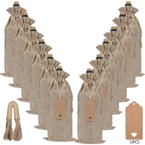 Burlap Wine Bags 12 Pcs Wine Bottle Gift Bags With Drawstrings Tags & Ropes, Reusable Gift Bag for Weddings, Holiday Party Birthdays, Christmas, Travel, Blind Tastings, Home Storage 750ml