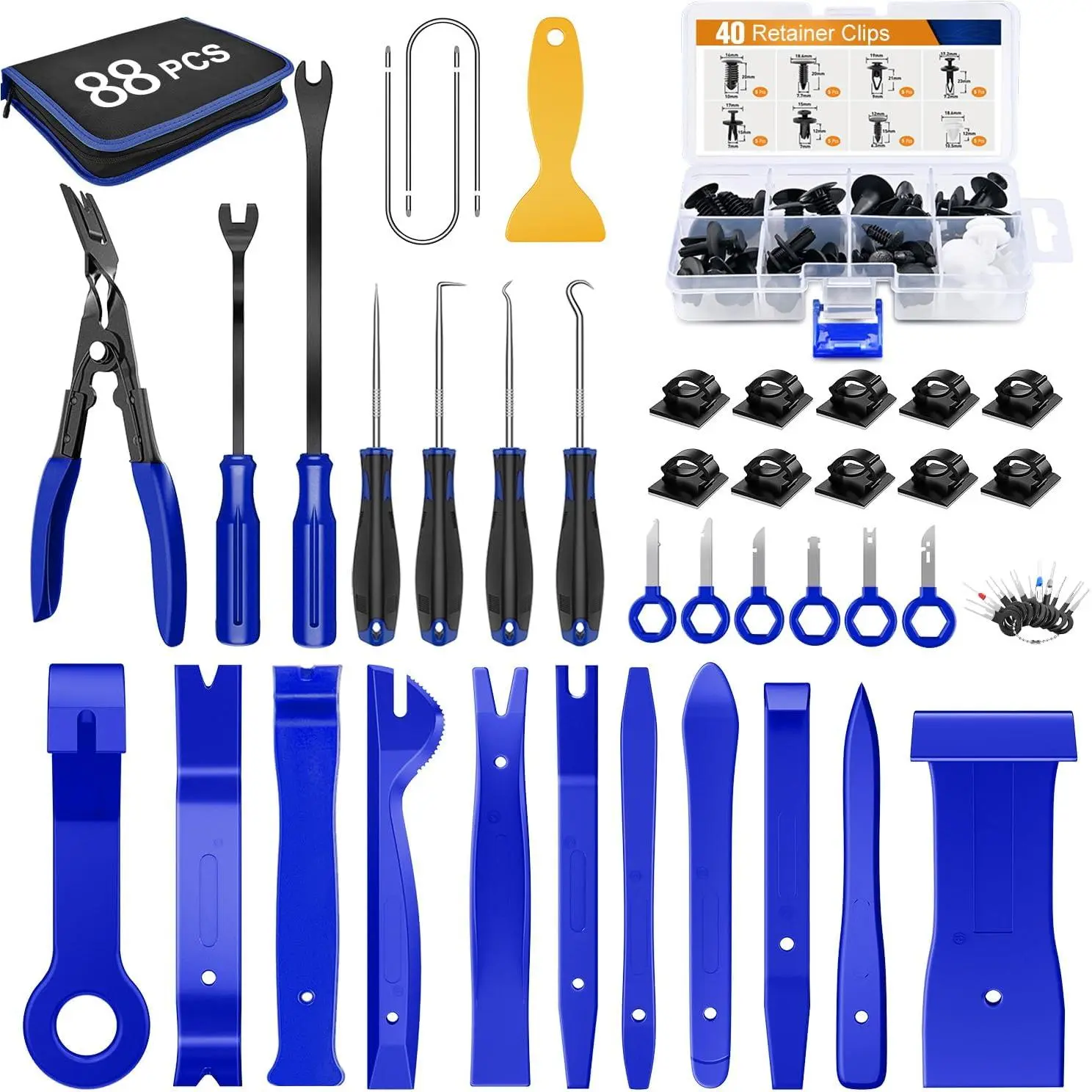 Nilight 88Pcs Auto Trim Removal Multi-Tool Set, Fastener Remover, Push Pin Retainer Clips, Terminal Tool, Adhesive Cable Clips, Pry Kit, Car Panel Radio Pliers (Kit Pack)