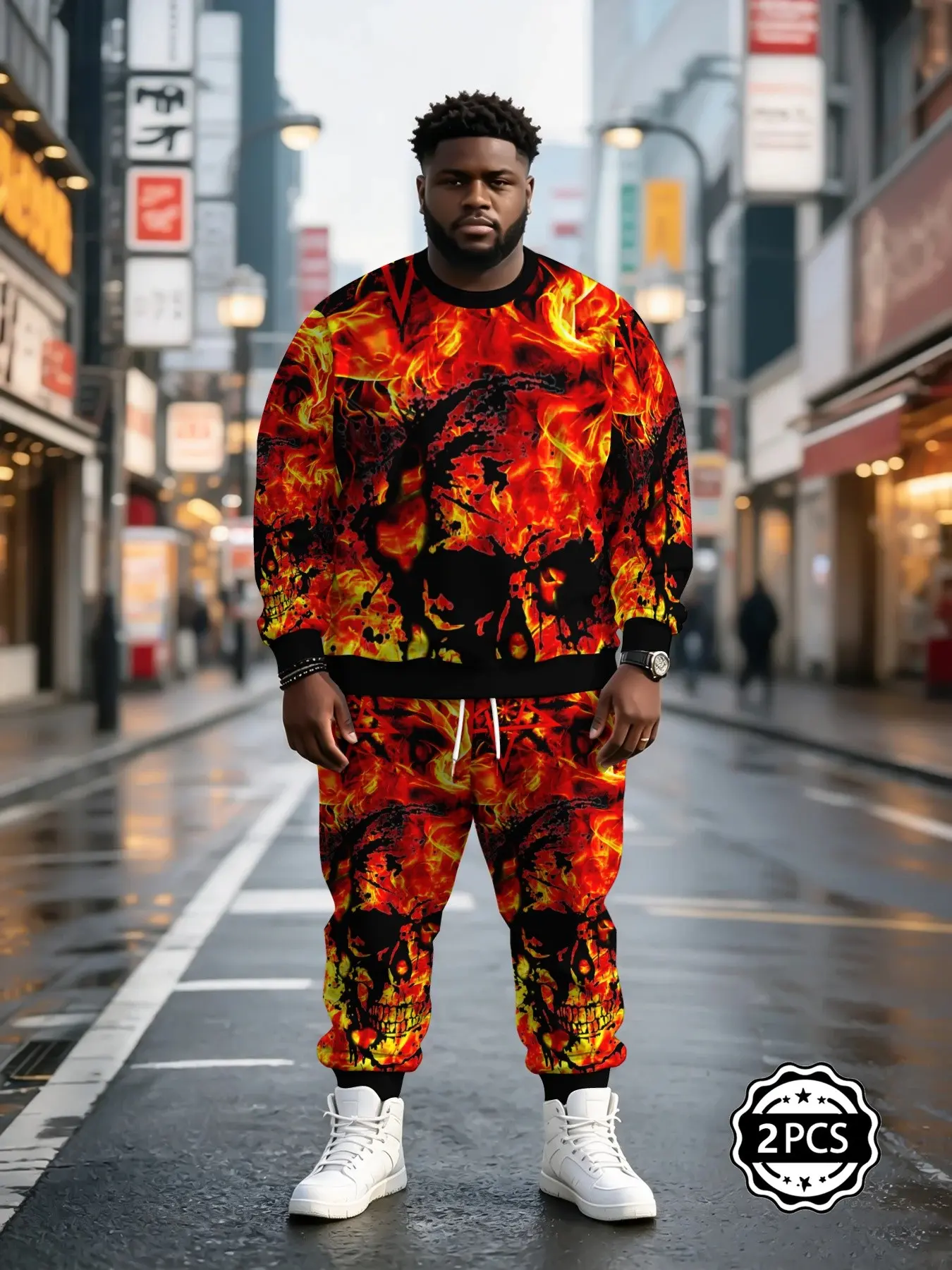 Men's Plus Size Casual Two-Piece Set, Flame Skull Full Print, Round Neck Sweatshirt with Cuffed Sweatpants, Loose Fit, Streetwear Sports