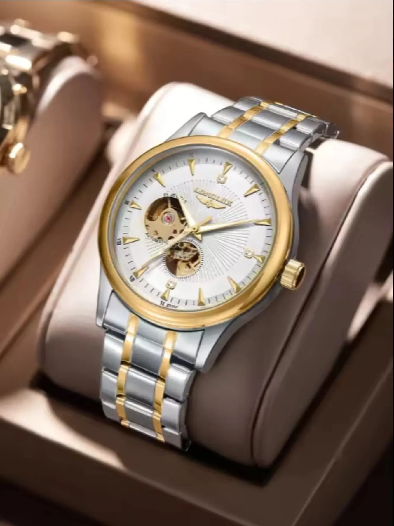 Mature Men's Gold-Tone Steel Band Mechanical Watch, Dual-Sided Hollow Automatic, Diamond-Embedded Waterproof Night Light, Business Casual Luxury