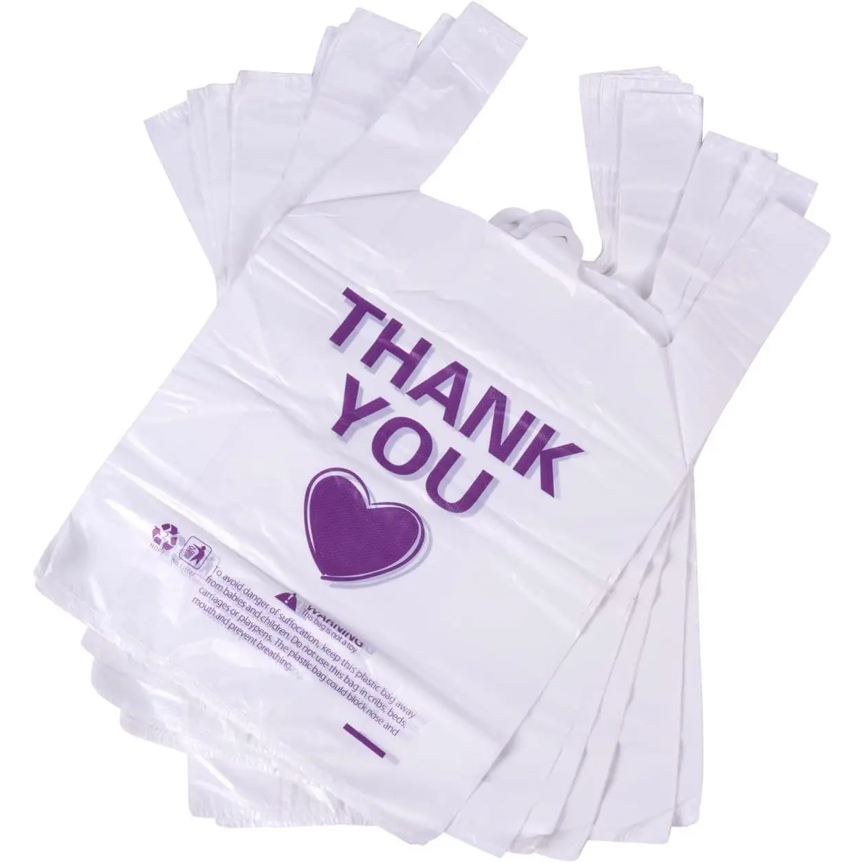 Thank You T Shirt Plastic Shopping Bag Rusable for Grocery Small Business  To Go Bag with Handle 12x19 Inch 50 count - White