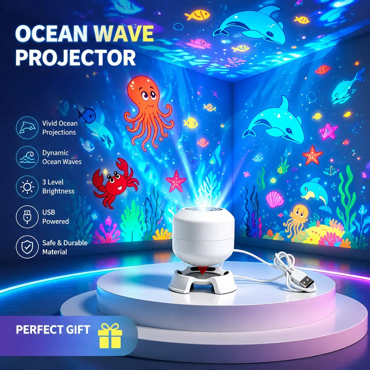 Ocean Wave LED Projector Light, 360° Rotatable, Dynamic Sea Water Ripple, USB Plug In, Portable Ambient Decor, Gaming, Bedroom, Living Room, Party