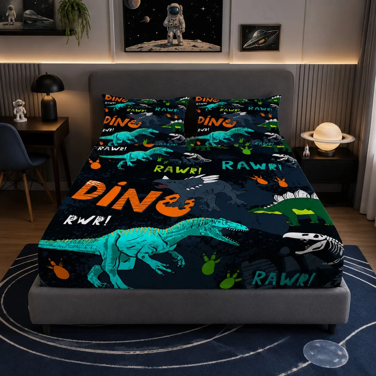 Dinosaur Print Fitted Sheet Set, 3 Pcs (1 Fitted Sheet + 2 Pillowcases, No Inserts). Comfy Bedding Sets, Cool T-Rex & Stegosaurus Patterns, Deep Pocket Design. Soft Breathable Microfiber Fabric, Ideal for Boys & Teens' Bedrooms