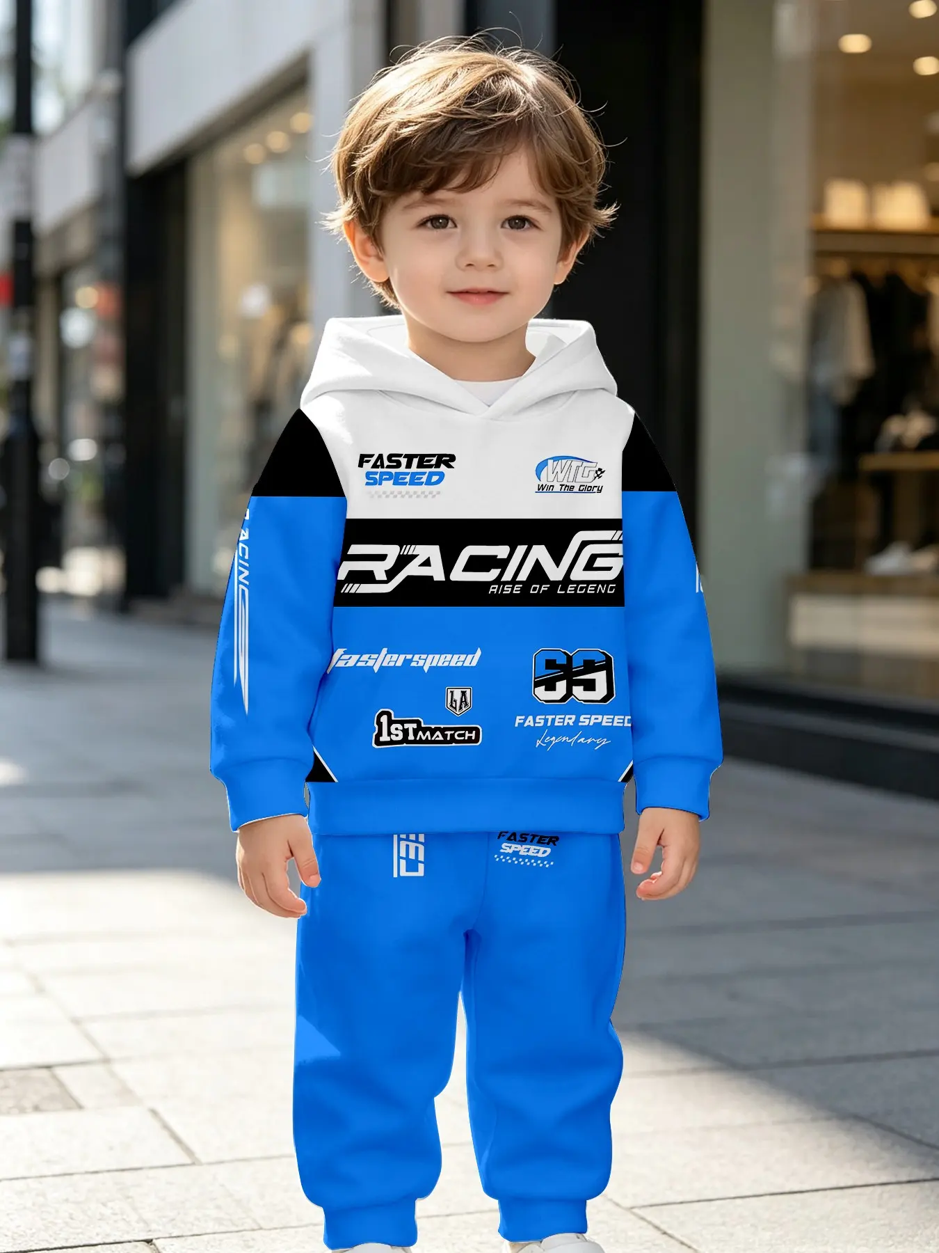 Boys' Blue Racing Hoodie Set, Motorcycle Style English Print, Soft Comfortable Fabric, Perfect for Daily Wear, Party, Gifts