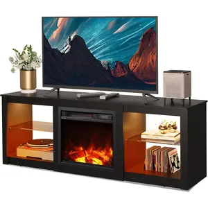 Modern LED TV Stand for 65 70 Inch TV, 58" Entertainment Center with Adjustable Glass Shelves & RGB Lights, Wood Media Console Table for Living Room, Bedroom, Gaming Room, Black