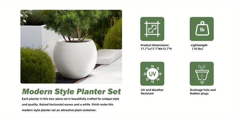 Modern Round MgO Flower Pots (Black) - Indoor Planters with Drainage Hole, Large Size Suitable for Porch & Balcony