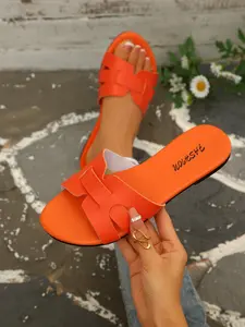 Women's Bright H-Strap Sandals, Casual PU Leather Flat Shoes, Open-Toe Rubber Sole, Less Than Ankle Height, Solid Pattern
