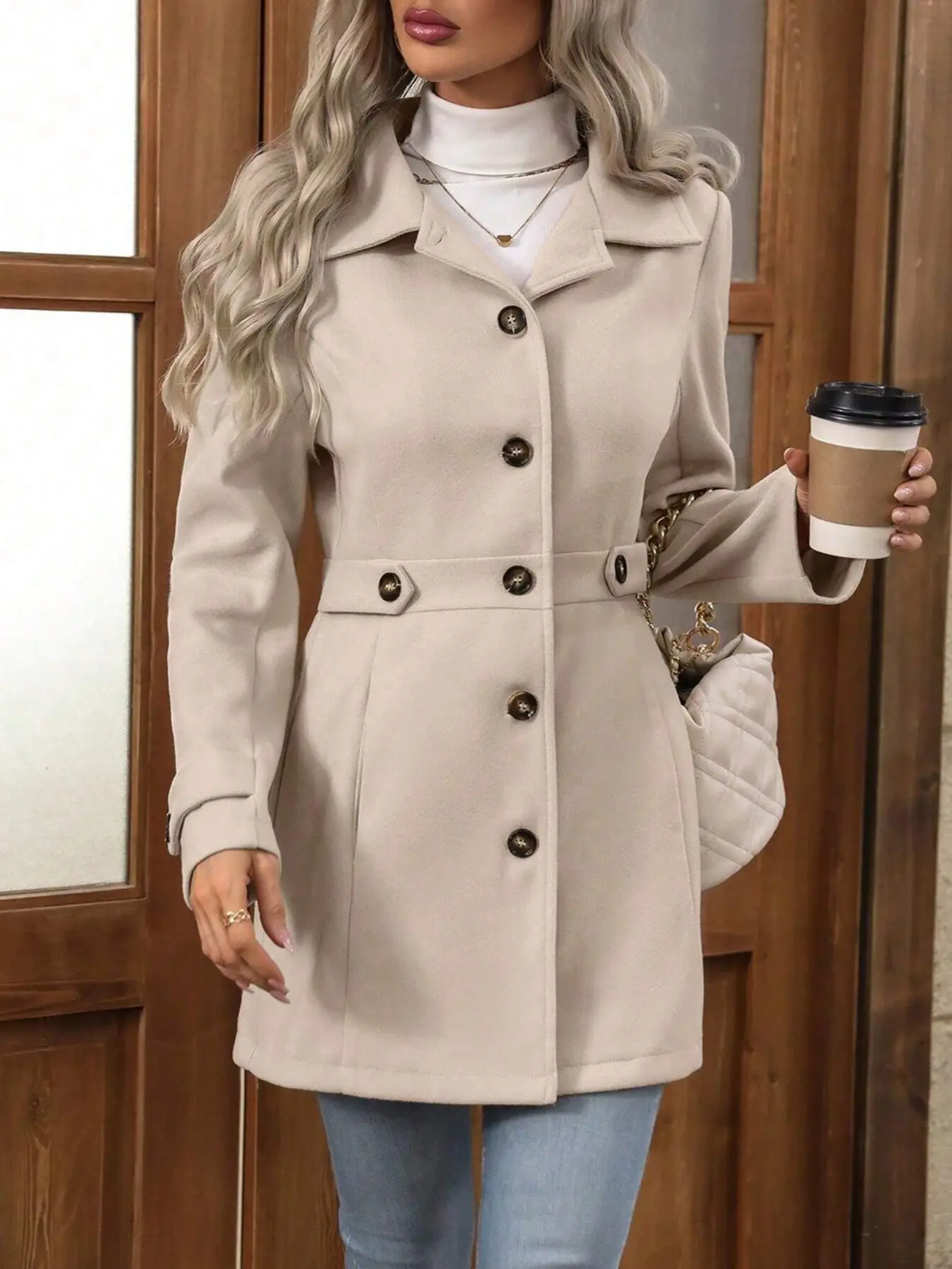 2026 Fall/winter New Arrival Women's Fashion Lapel Button Solid Color Elegant Ladies' Coat, Casual Plain Style Unlined Fitted Jacket, Jacket Coats