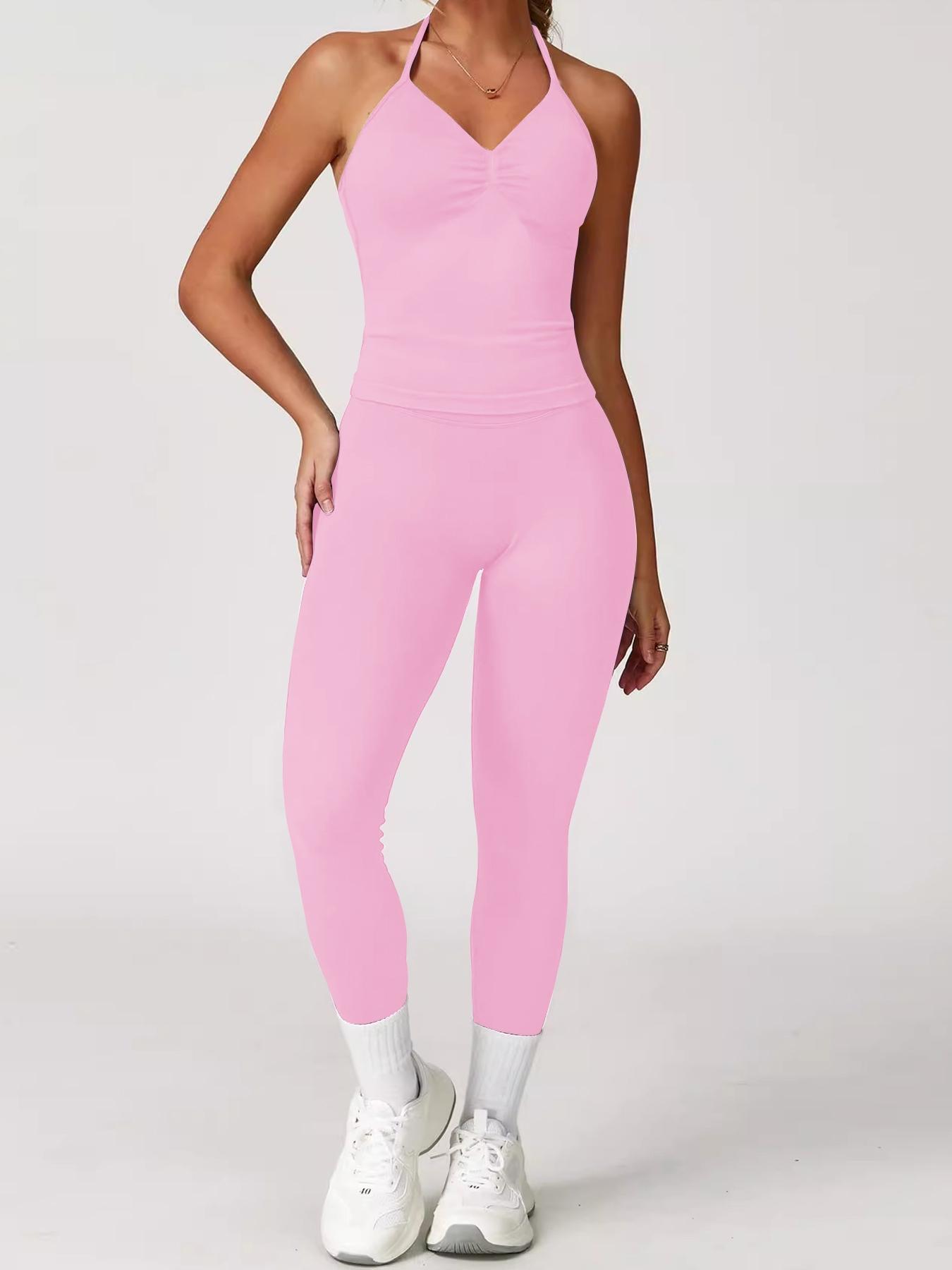 Women's Solid Halter Neck Sports Top & Leggings Set, Sporty Casual Breathable Two-piece Set for Yoga Gym Workout Running, Ladies Sportswear for All Seasons Workout Running Outfits