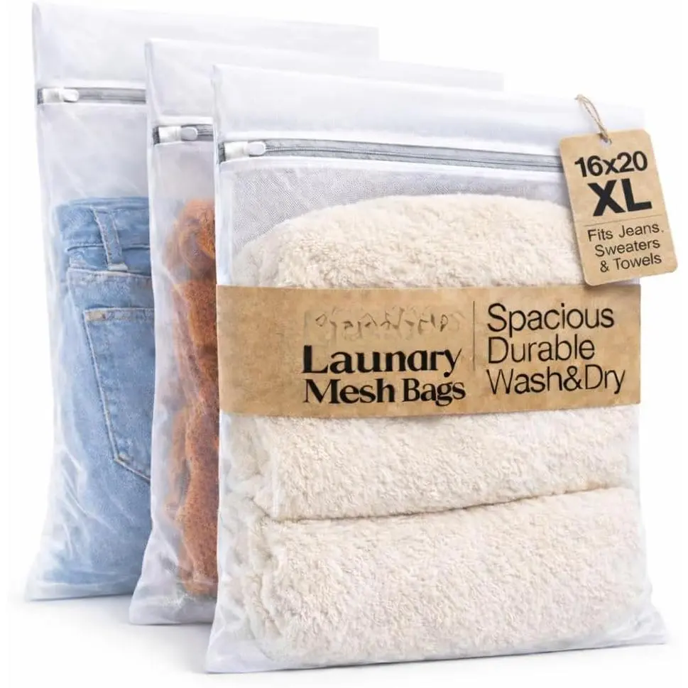 3-Count Spacious Durable Synthetic Mesh Laundry Bags (16x20 in), Auto-Lock Zipper, Washer-Friendly, Delicate Protection, Uniform Wash & Storage Solution, Ideal for Dorms (Fits Socks to Sweaters)