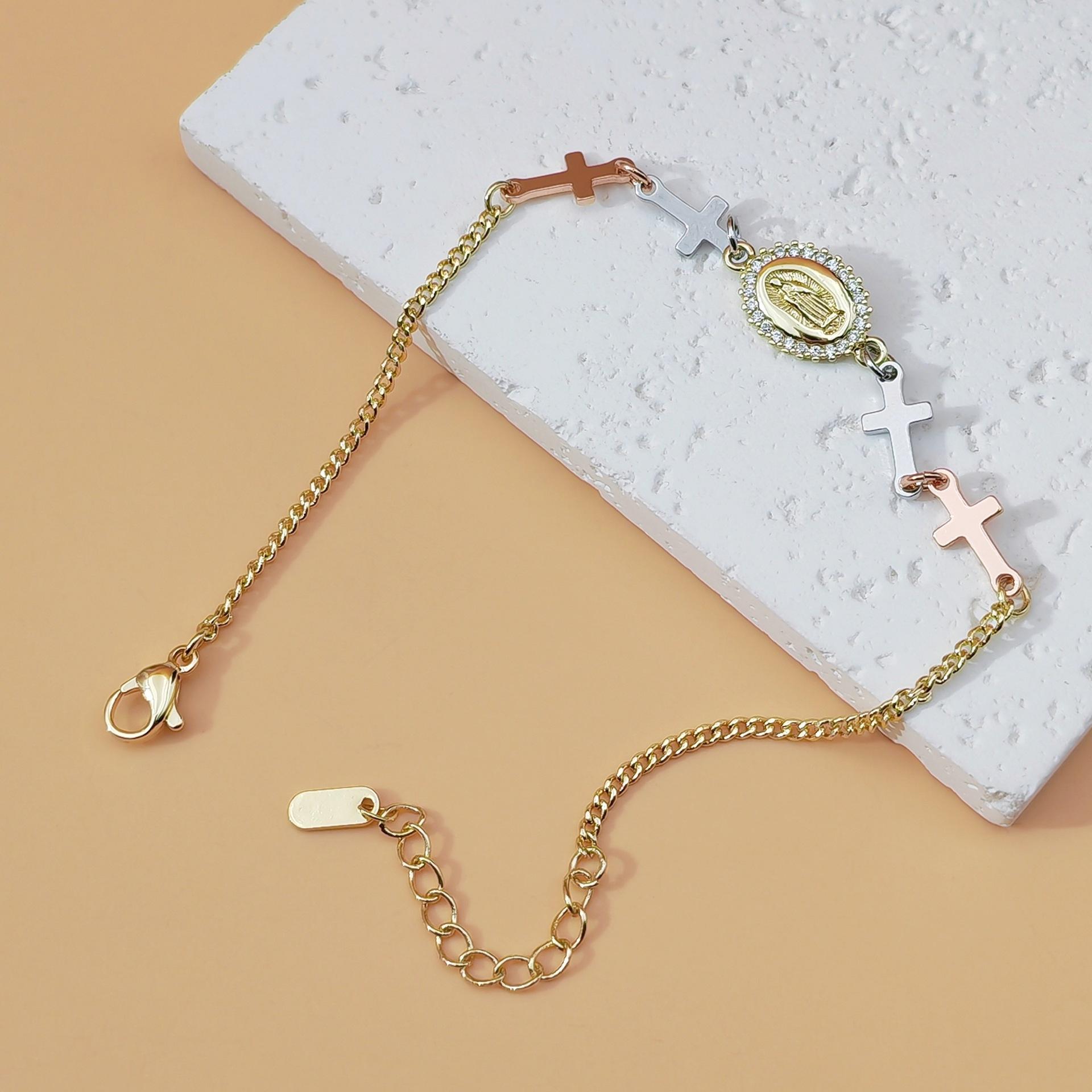 Beaded Virgin Mary Pendant Bracelet — Unisex Cross Jewelry