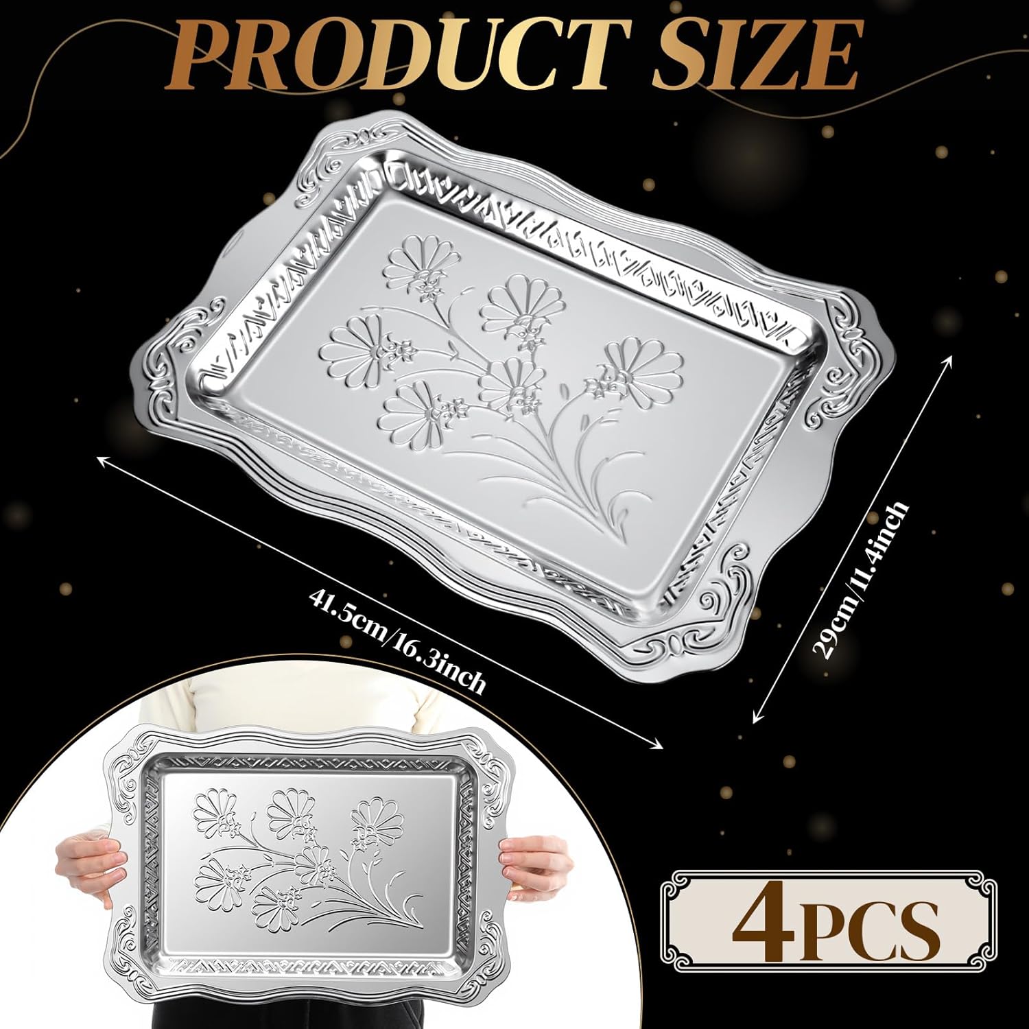 4 Pack 16.3" x 11.4" Large Silver Serving Trays for Dessert Table Stainless Steel Silver Platters Floral Engraved Mirror Serving Platters for Wedding, Cookies, Desserts, Party Food Display