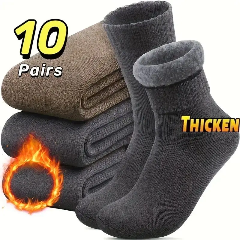 3/10 Pairs Men Thick Fleece Snow Socks, Soft Fluffy Warm Boot Socks, for Outdoor Work Daily Wear, Knit Gift for Husband Father Boyfriend