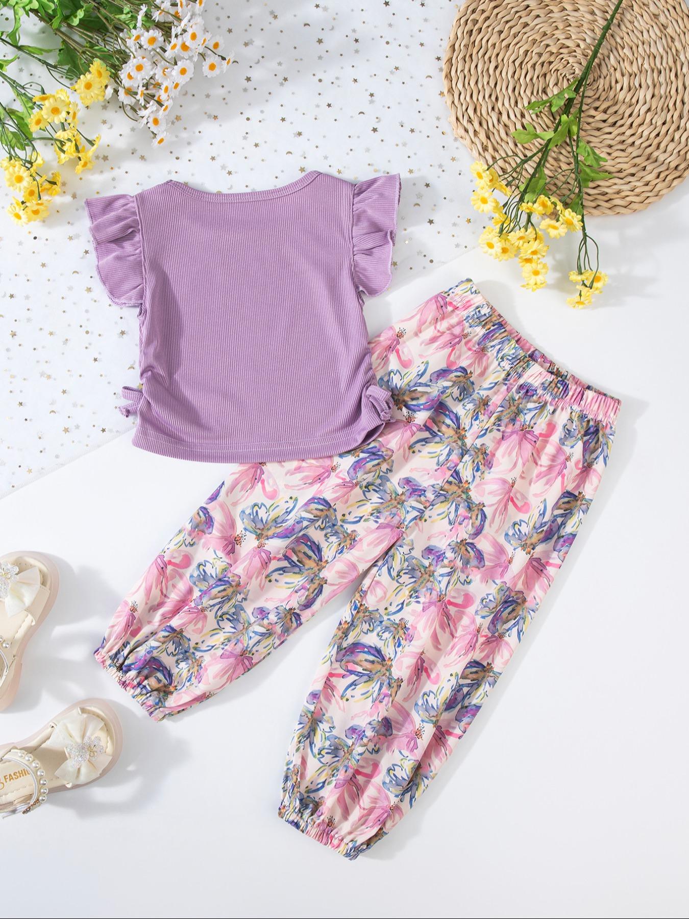 Toddler Girl's Ditsy Floral Print Frill Trim Ruffle Tee & Pants Set, Casual Soft Comfy Short Sleeve T-shirt & Trousers for Summer, Kids Clothes for Daily Wear
