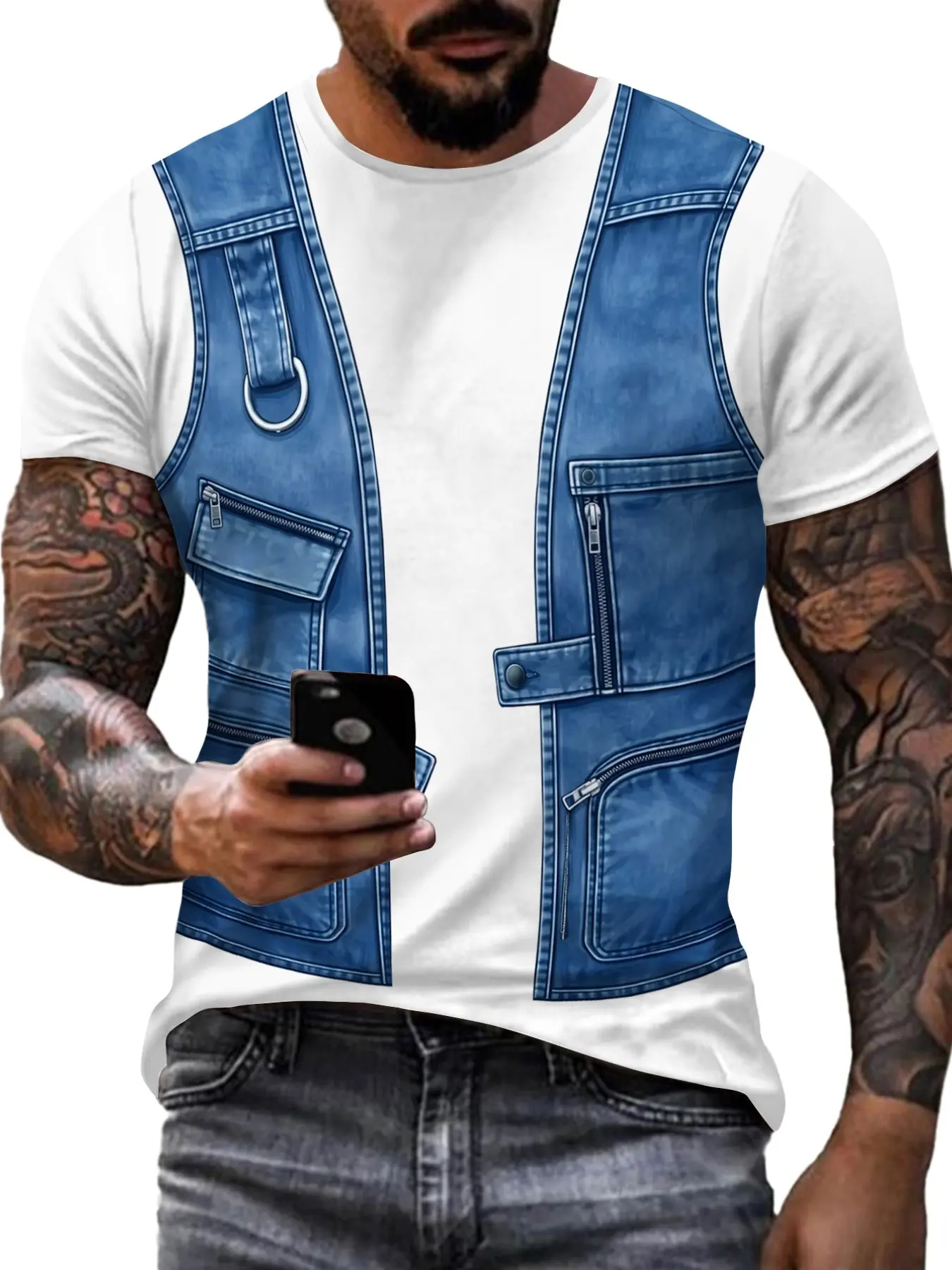 American Vintage Streetwear Men's 3D Print Polo Shirt, Creative Fake Two-Piece Denim Vest, Casual Long Sleeve Top for Youth