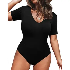 Beauty's WardrobeIN'VOLAND Women's Bodysuit Plus Size Short Sleeve Scoop Neck Bodysuit Basic Top T Shirt Leotards Jumpsuits