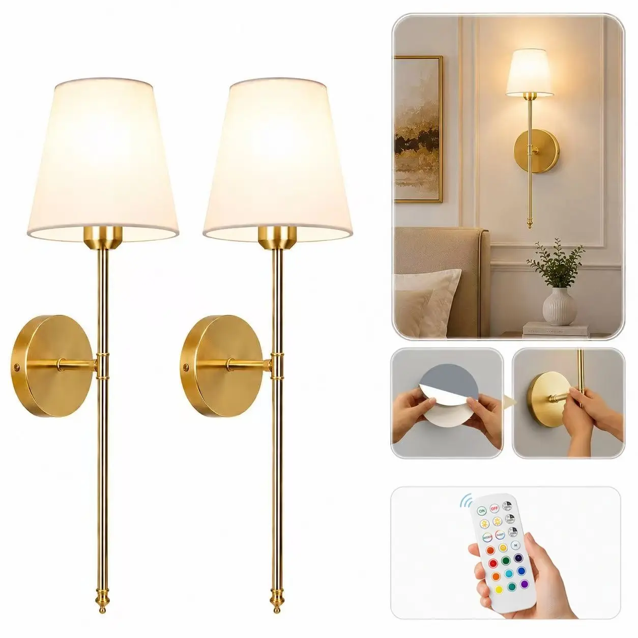 Rechargeable Wireless Wall Lamps with Remote Control, Battery-Powered Multi-Color Wall Lights, 2-Way Installation for Bedroom, Living Room & Hallway, Battery Operated Sconce, Indoor Wall Light